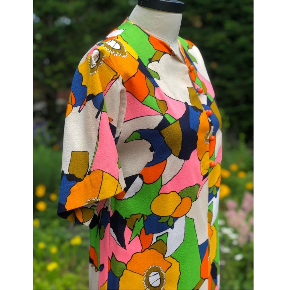 Vintage 60s/70s Psychedelic Floral Citrus Fruit Flower Power Hostess Maxi Dress - Picture 14 of 16